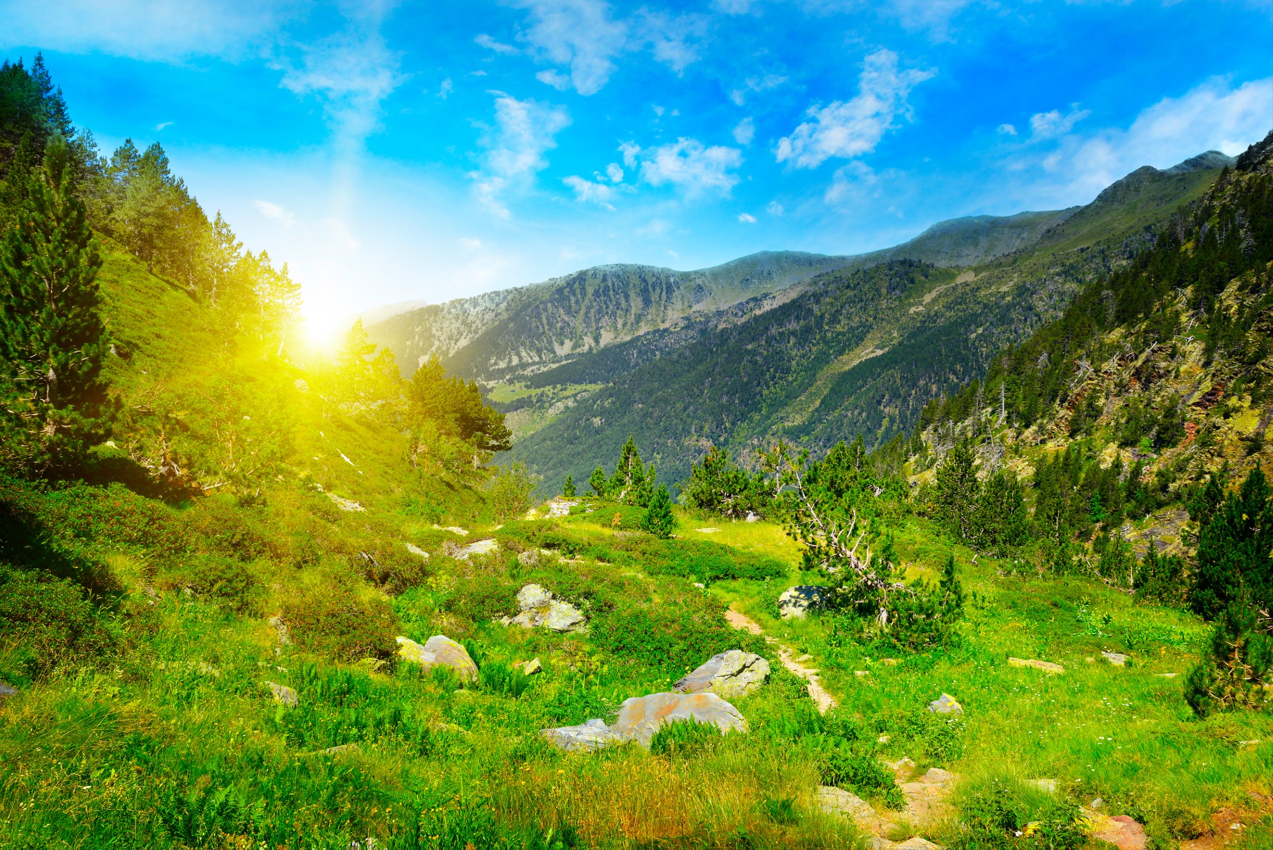 Beautiful sunrise in high mountains and blue sky, Andorra, Pyrenees