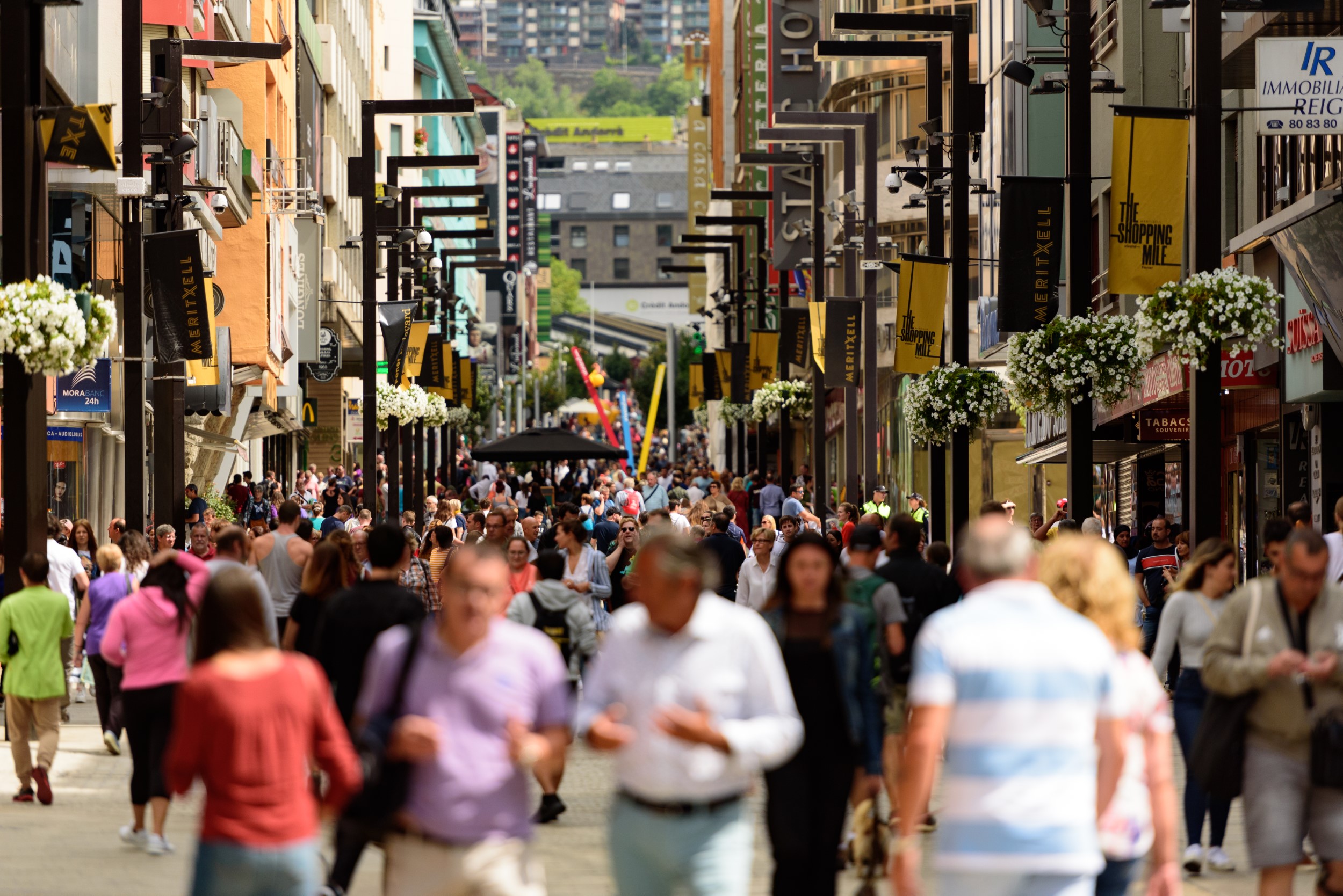 Andorra La Vella, Andorra : 2019 August 22 :  Andorra La Vella. People Walk in the Comercial Street named Meritxell. Andorra la Vella, Andorra.