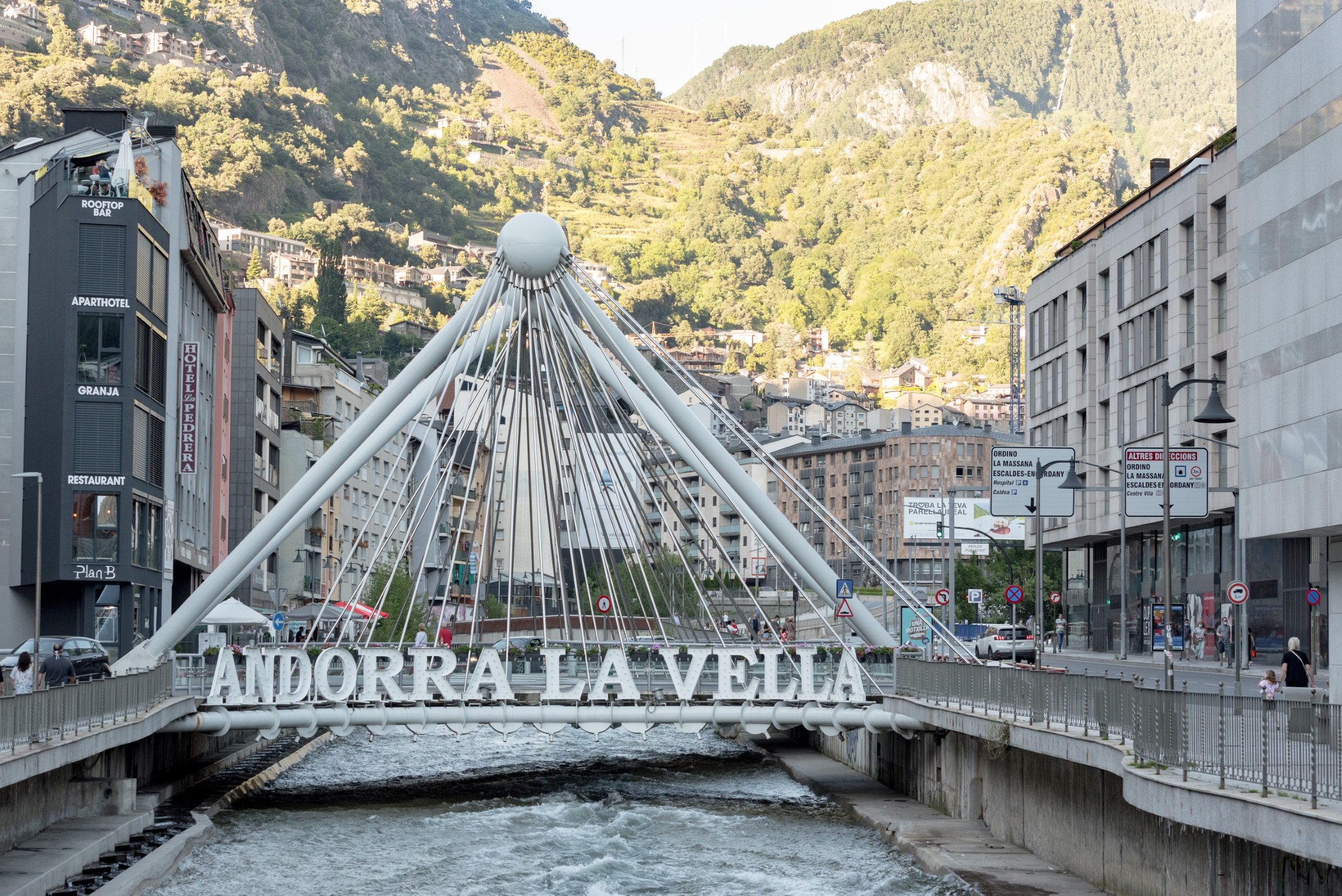 Andorra La vella, Andorra – July 06, 2020: Andorra La Vella, Andorra : 2020 July 06 : People Walk in the Comercial Street named Meritxell after COVID19. Andorra la Vella, Andorra